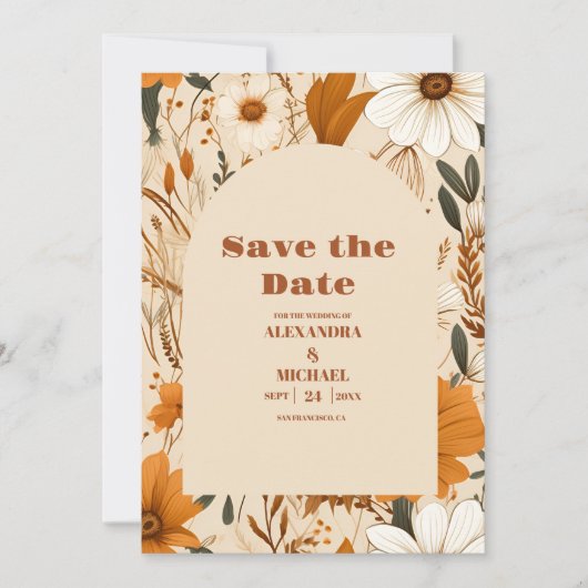 Save The Date Mariage Fleur sauvage d'aquarelle orange brûlé (Devant)