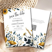Save The Date Mariage Fleur sauvage élégant bleu jaune