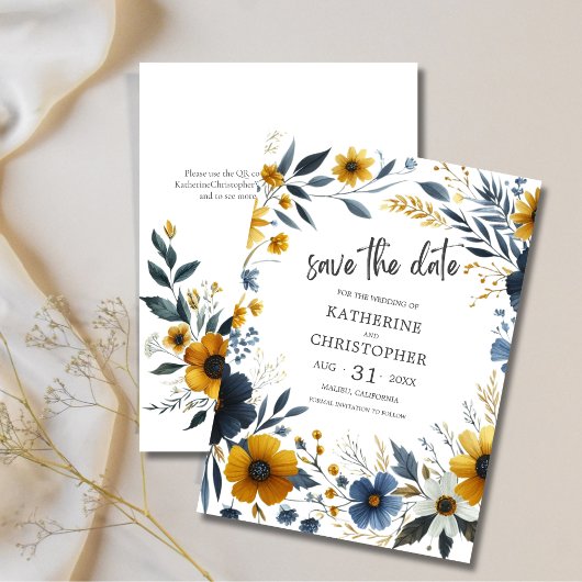 Save The Date Mariage Fleur sauvage élégant bleu jaune