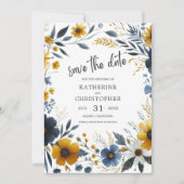 Save The Date Mariage Fleur sauvage élégant bleu jaune (Devant)
