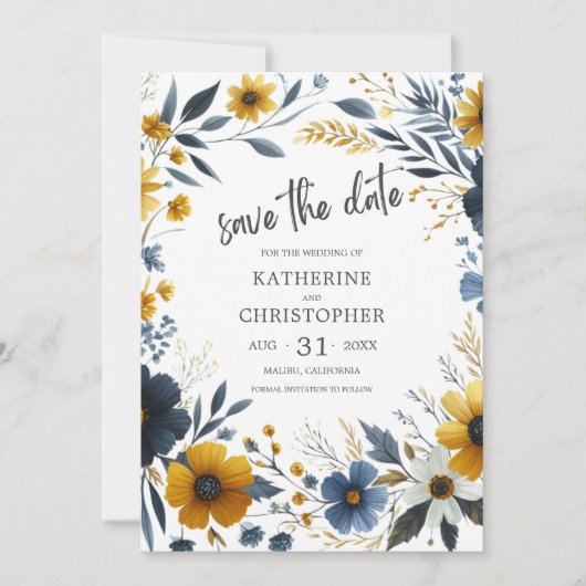 Save The Date Mariage Fleur sauvage élégant bleu jaune (Devant)