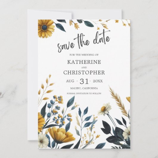 Save The Date Mariage Fleur sauvage élégant bleu jaune (Devant)