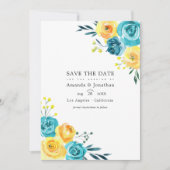 Save The Date Mariage Fleural Aquarelle Turquoise et Jaune (Devant)
