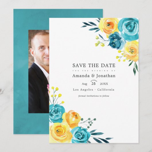 Save The Date Mariage Fleural Aquarelle Turquoise et Jaune (Devant / Derrière)