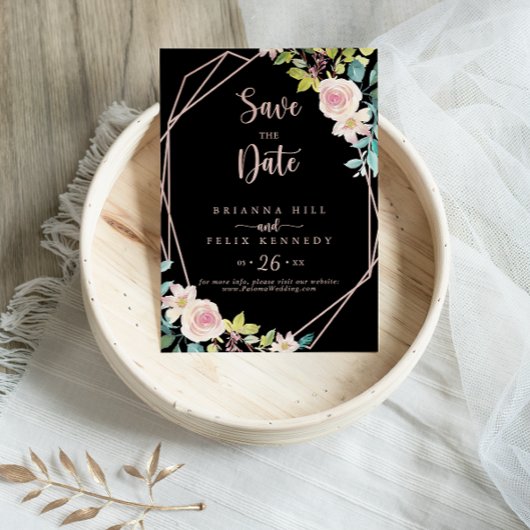 Save The Date Mariage fleuri de printemps or Rose géométrique