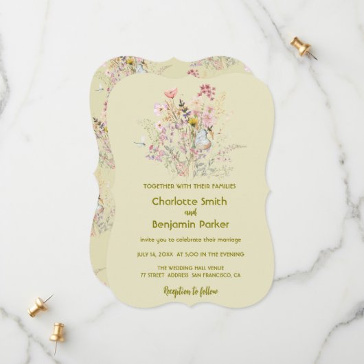 Save The Date Mariage fleuri fleur sauvage simple or (Devant/Arrière en situation)