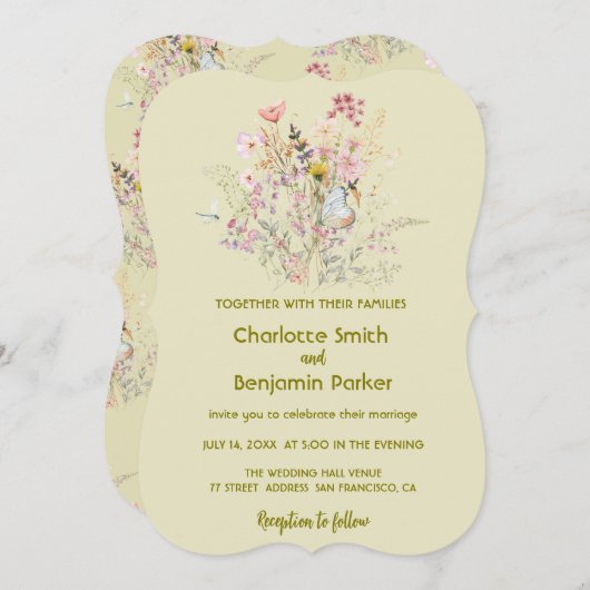 Save The Date Mariage fleuri fleur sauvage simple or (Devant / Derrière)