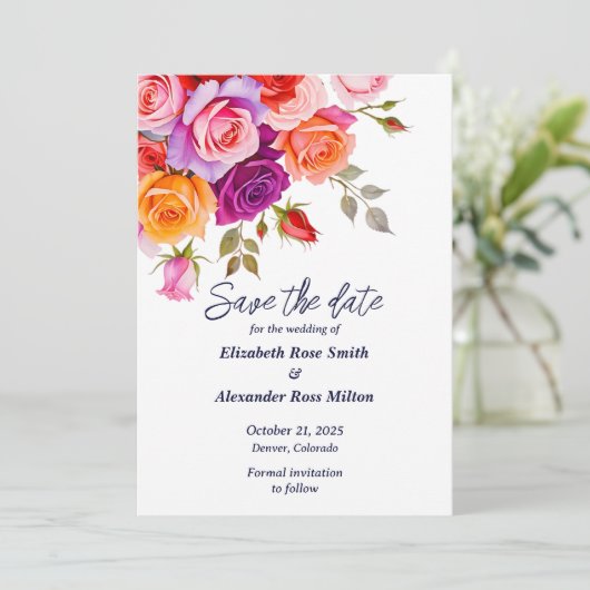 Save The Date Mariage fleuri rose rouge et rose vif (Debout devant)