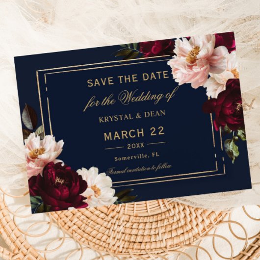 Save The Date Mariage Fleurie Bleu Nuit Burgundy Blush Sombre
