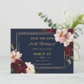 Save The Date Mariage Fleurie Bleu Nuit Burgundy Blush Sombre (Debout devant)