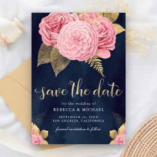 Save The Date Mariage Fleurie Bleu Nuit Or Rose Poussiéreuse