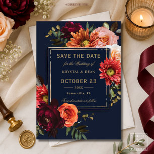 Save The Date Mariage Fleurie Marine Orange Bourgogne Sombre et