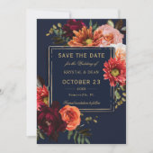 Save The Date Mariage Fleurie Navy Orange Bourgogne Sombre et Él (Devant)