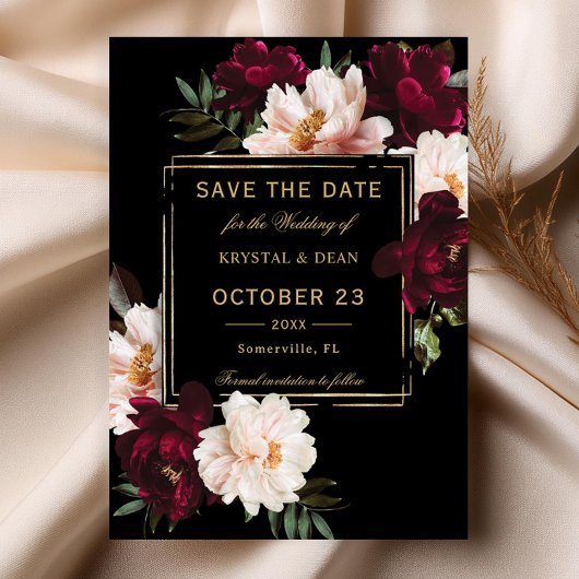 Save The Date Mariage Fleurie Noir et Burgundy Blush Sombre