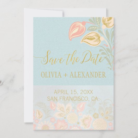 Save The Date Mariage Fleurie Or Pastel Pêche Printemps Bleu Cla (Devant)