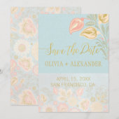 Save The Date Mariage Fleurie Or Pastel Pêche Printemps Bleu Cla (Devant / Derrière)