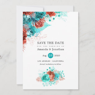 Save The Date Mariage Fleurie Pailleté Turquoise et Corail