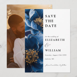 Save The Date Mariage Fleurie Photo Bleu Nuit Et Or Moderne