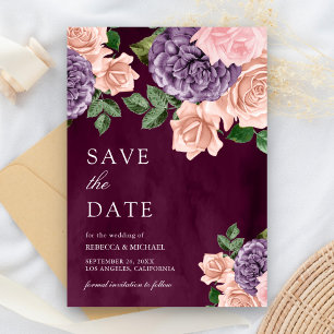 Save The Date Mariage Fleurie Pourpre Pêche Poussiéreuse Prune