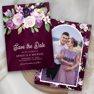 Save The Date Mariage Fleurie Pourpre Photo Sombre et Élégant