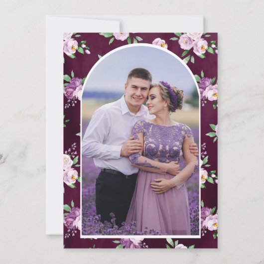 Save The Date Mariage Fleurie Pourpre Photo Sombre Prune (Dos)