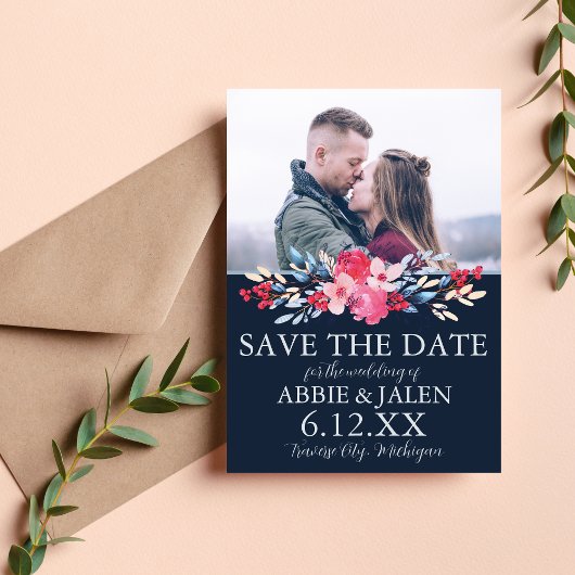 Save The Date Mariage Fleurie Rose et Bleu Poussière Élégant