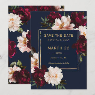 Save The Date Mariage Fleuris Bleu Marine Burgundy Blush Sombre 