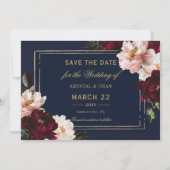 Save The Date Mariage Fleuris Bleu Marine Burgundy Blush Sombre  (Devant)