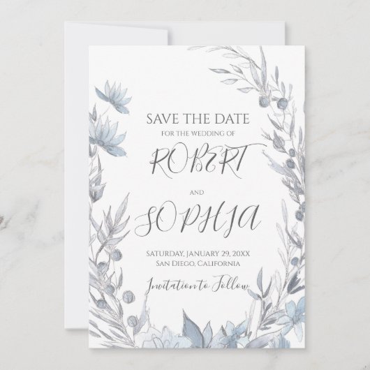 Save The Date Mariage Fleuris Bleu Poussiéreux (Devant)