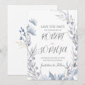 Save The Date Mariage Fleuris Bleu Poussiéreux (Devant / Derrière)