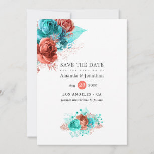 Save The Date Mariage Fleuris Corail Vivant et Turquoise