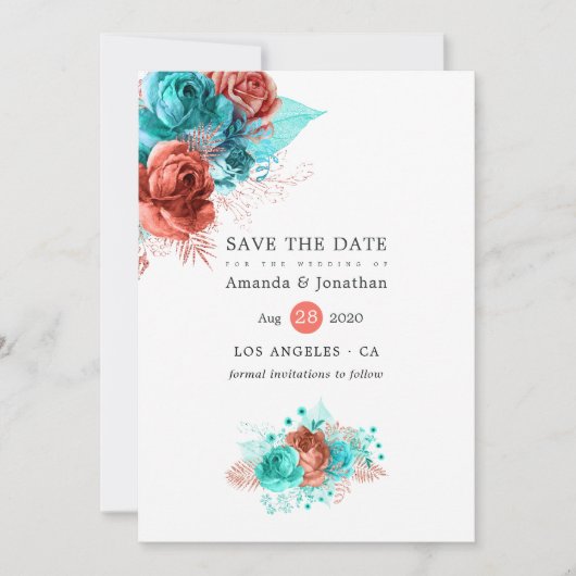 Save The Date Mariage Fleuris Corail Vivant et Turquoise (Devant)