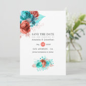 Save The Date Mariage Fleuris Corail Vivant et Turquoise (Debout devant)