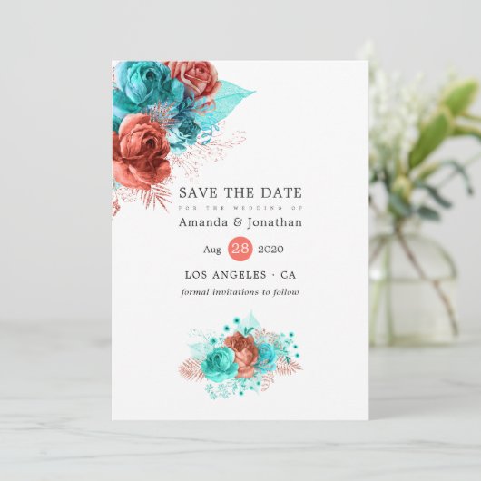 Save The Date Mariage Fleuris Corail Vivant et Turquoise (Debout devant)