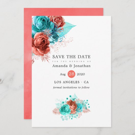 Save The Date Mariage Fleuris Corail Vivant et Turquoise (Devant / Derrière)