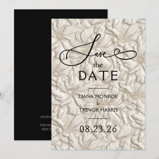 Save The Date Mariage Fleuris Crème Embossés Faux (Devant / Derrière)