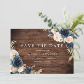 Save The Date Mariage Fleuris Navy Blush Rustique (Debout devant)