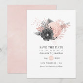 Save The Date Mariage Fleuris Rose Pâle et Charbon de Bois (Devant / Derrière)