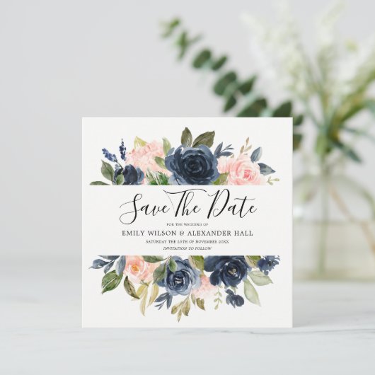 Save The Date Mariage Fleurs Aquarelle Rose & Bleu Marine (Debout devant)