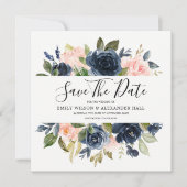 Save The Date Mariage Fleurs Aquarelle Rose & Bleu Marine (Devant)