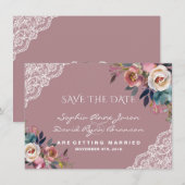 Save The Date Mariage Fleurs Bleu Poussiéreux Rose Poussiéreuse (Devant / Derrière)