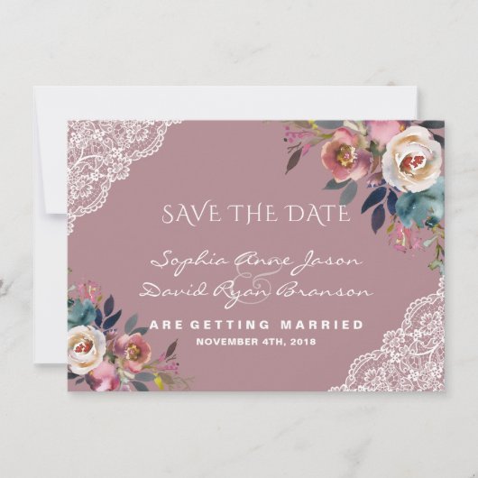 Save The Date Mariage Fleurs Bleu Poussiéreux Rose Poussiéreuse (Devant)