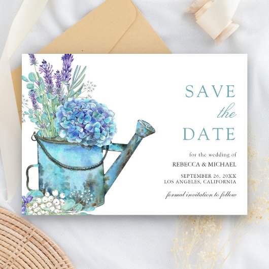 Save The Date Mariage Fleurs Bleues d'Hydrangea et de Lavande