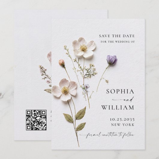 Save The Date Mariage Fleurs Boho Pastel Imprimé Élégant Pressé (Devant / Derrière)