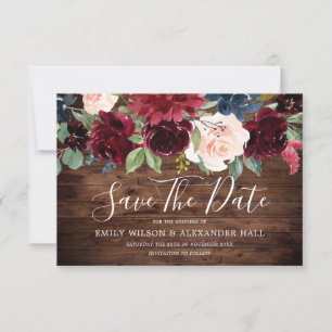 Save The Date Mariage Fleurs de Bourgogne Vin Rouge Bois Rustiqu
