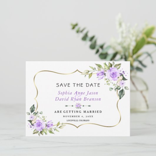 Save The Date Mariage Fleurs de Lavande Cadre Doré (Debout devant)