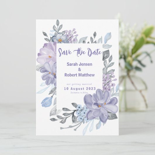 Save The Date Mariage Fleurs de Lilas Aquarelle Violette  (Debout devant)