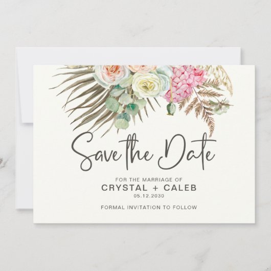 Save The Date Mariage Fleurs de Pampa Bohème Rose Brun Vert S (Devant)