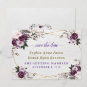 Save The Date Mariage Fleurs de Pivoine Rose Violet Doré (Devant / Derrière)