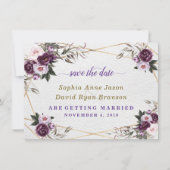 Save The Date Mariage Fleurs de Pivoine Rose Violet Doré (Devant)